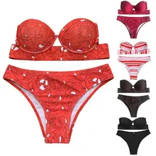 Womens Sexy Two Piece Bikini Set Push Up Underwire Immovable Padded Swimsuit Solid Color Floral Printed Off Shoulder Strapless B color block push up underwire bikini set