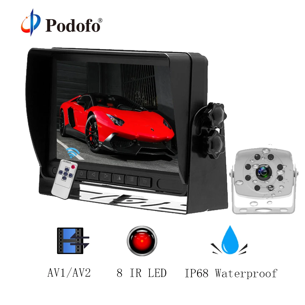 

Podofo Vehicle 8 IR Backup Rear View Camera with Monitor 7 Inch HD TFT Screen 4-pin Connector Reverse Camera for Trucks Van RV