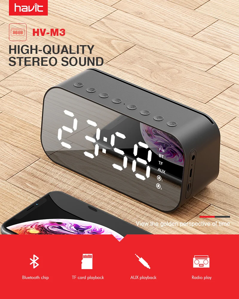 

HAVIT Portable Bluetooth Speaker Alarm Clock Wireless LED Display Temperature With FM Radio Support Aux TF USB Music Player M3