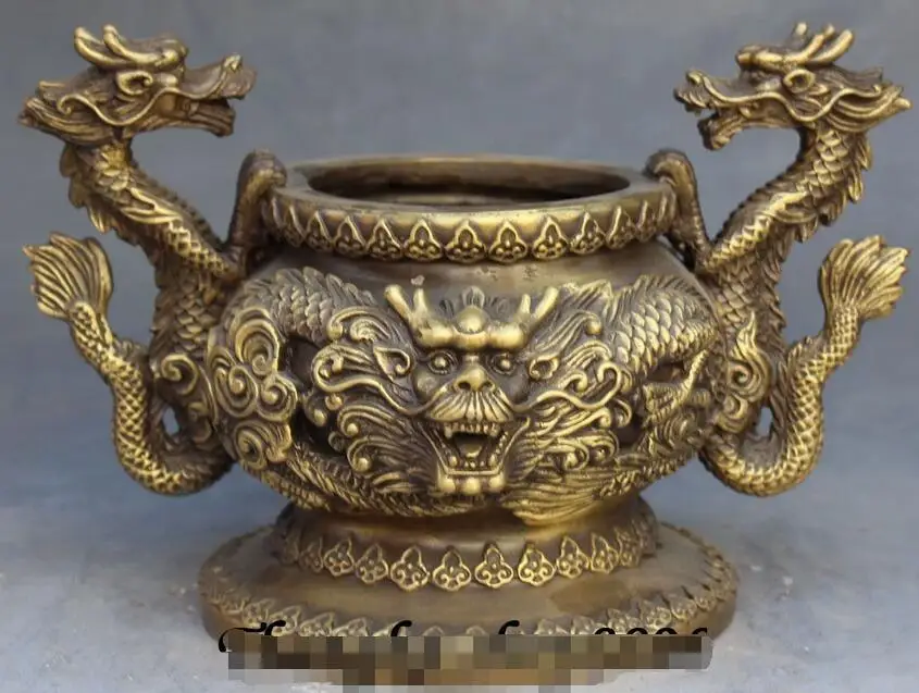 9" Chinese Bronze Handle Dragon Dragons crock Jar Pot incense burner