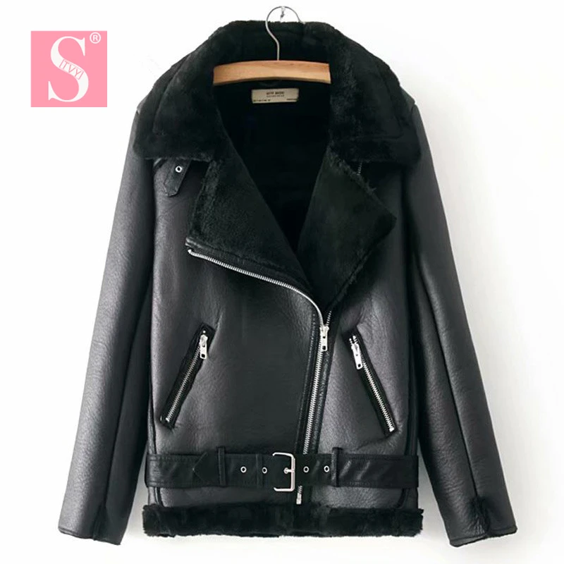 

STVY Warm Women's Winter Motorcycle Velvet Jacket Female Lapels Fur Thick Korean Version Plus Velvet Jacket 2019 Bomber Jacket