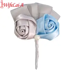Wifelai-дешевые серебряные детские синие атласные розы браслеты из цветов Жених Шелковый Riboon свадебная бутоньерка брошь XH0688J