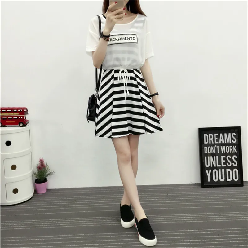 Fashion 2 Pieces Dress 2019 Women Striped Summer School Dress With Cappa Casual Dresses Teenage Girl Clothes Vestidos De Fiesta (10)