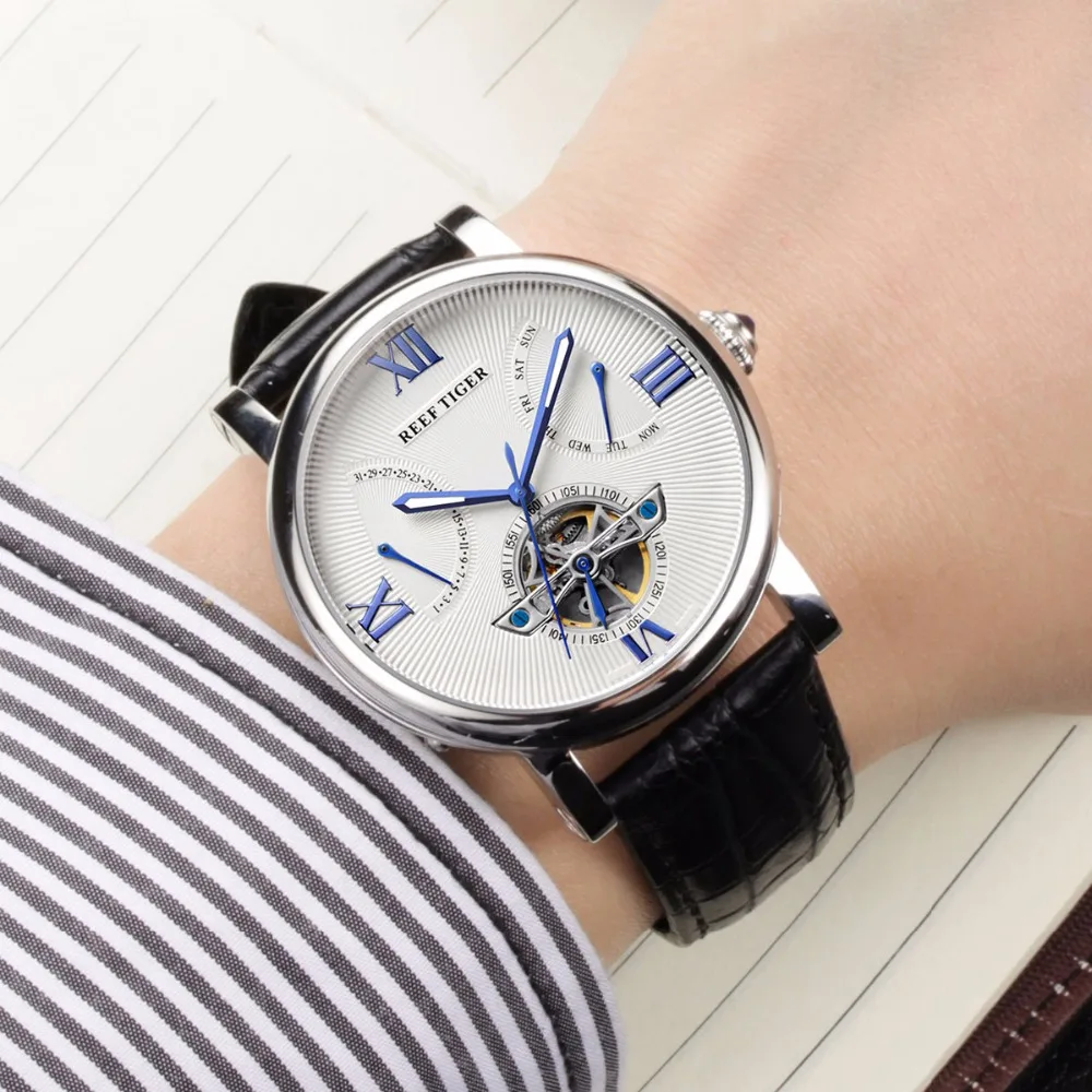 Reef Tiger/RT Tourbillon дизайнерские часы наивысшего качества Дата День телячья кожа