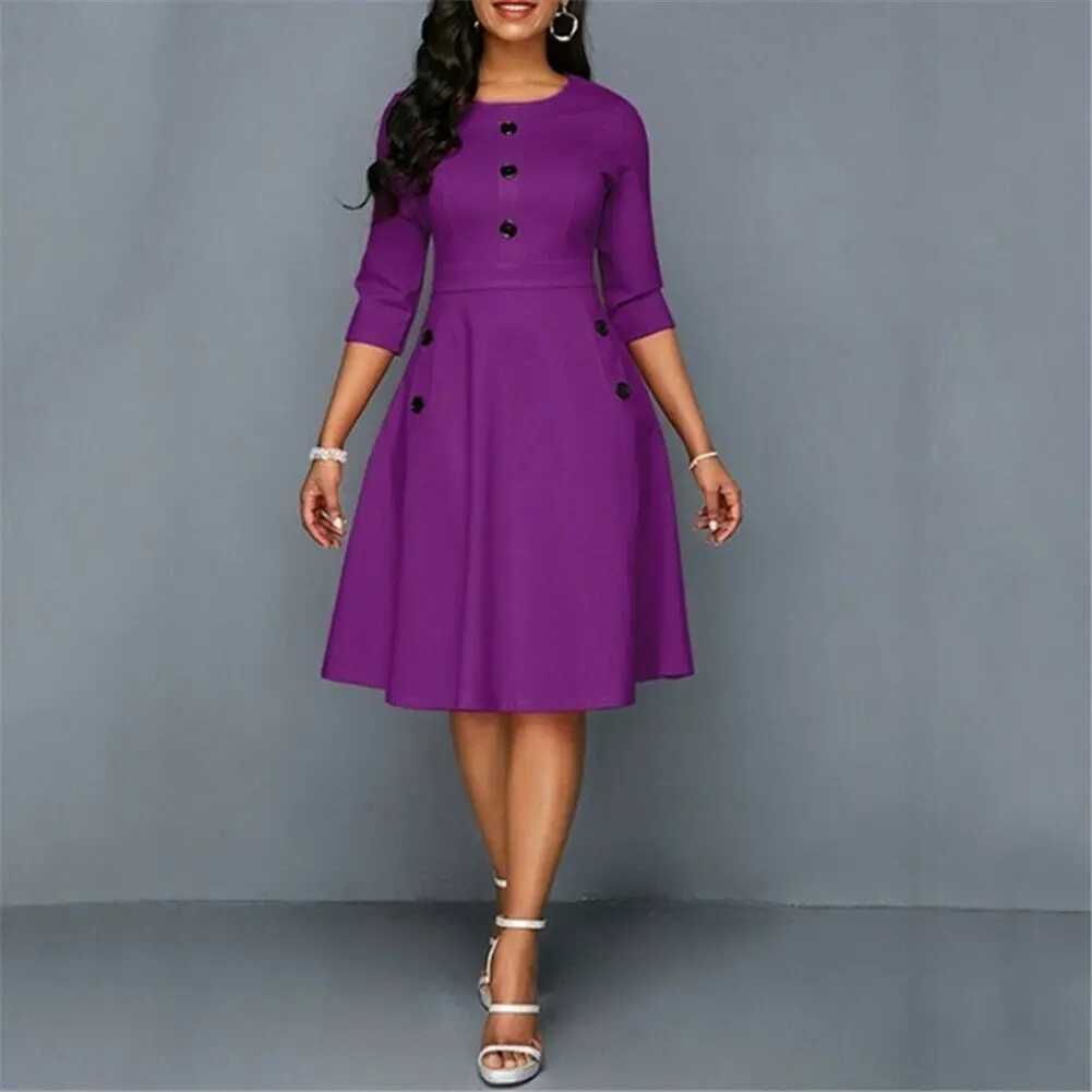 

Elegant Glamorous Buttoned Vestidos Summer Plus Size 2XL Female Lady Three Quarter Sleeve Fit and Flare Purple Red Midi Dress