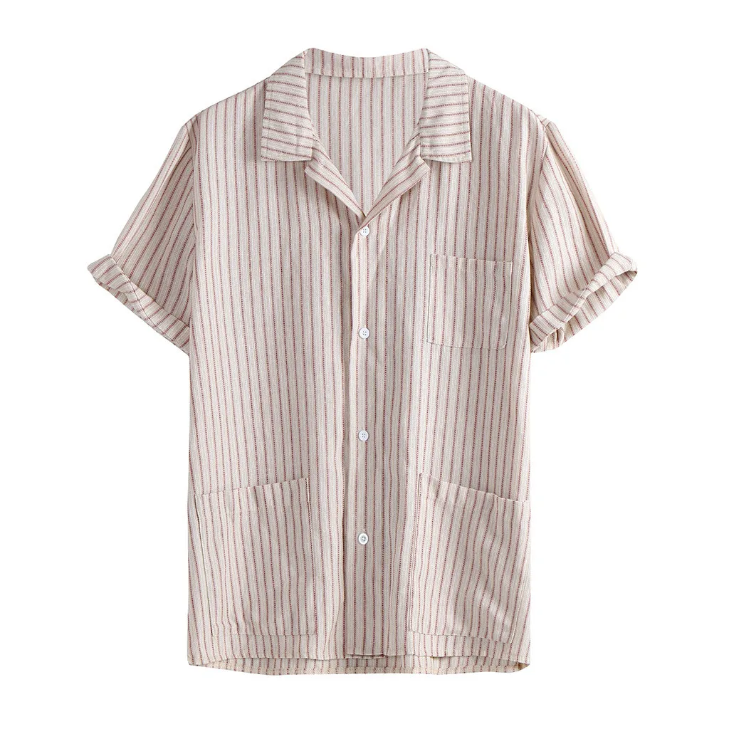 

Fashion Men's Casual Button Hawaii Striped Print Beach Short Sleeve Top Blouse 2019 Slim Fit Male Shirt Men's Business casual 15