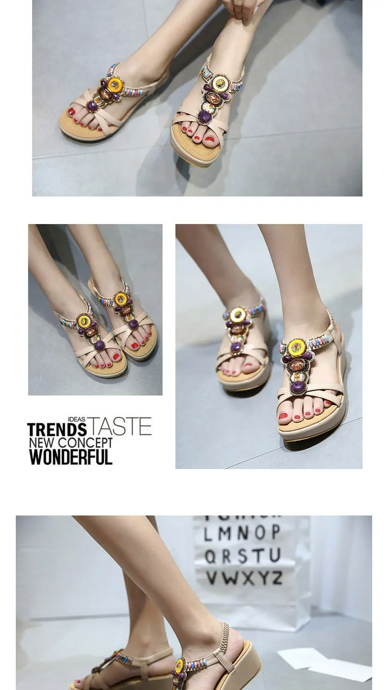 RUWB Female Mid Heels Round Toe Gladiator Sandals Women Soft Leather Beads Large Size Wedges Shoes Lady Sandales Femme