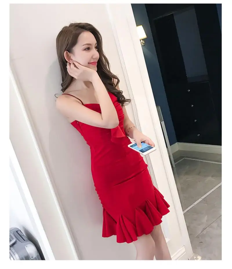 New 2018 Summer  Red Slim Dress  Women Formal Party Dress Women Sling  Sexy Bodycon Ruffles Fishtail Dress Free shipping