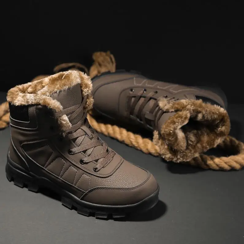 Мужские Ботильоны; повседневные зимние ботинки в стиле милитари; мужские водонепроницаемые черные зимние ботинки; Мужская обувь; теплые зимние ботинки на меху для мужчин; большой размер 47 - Цвет: Brown with socks