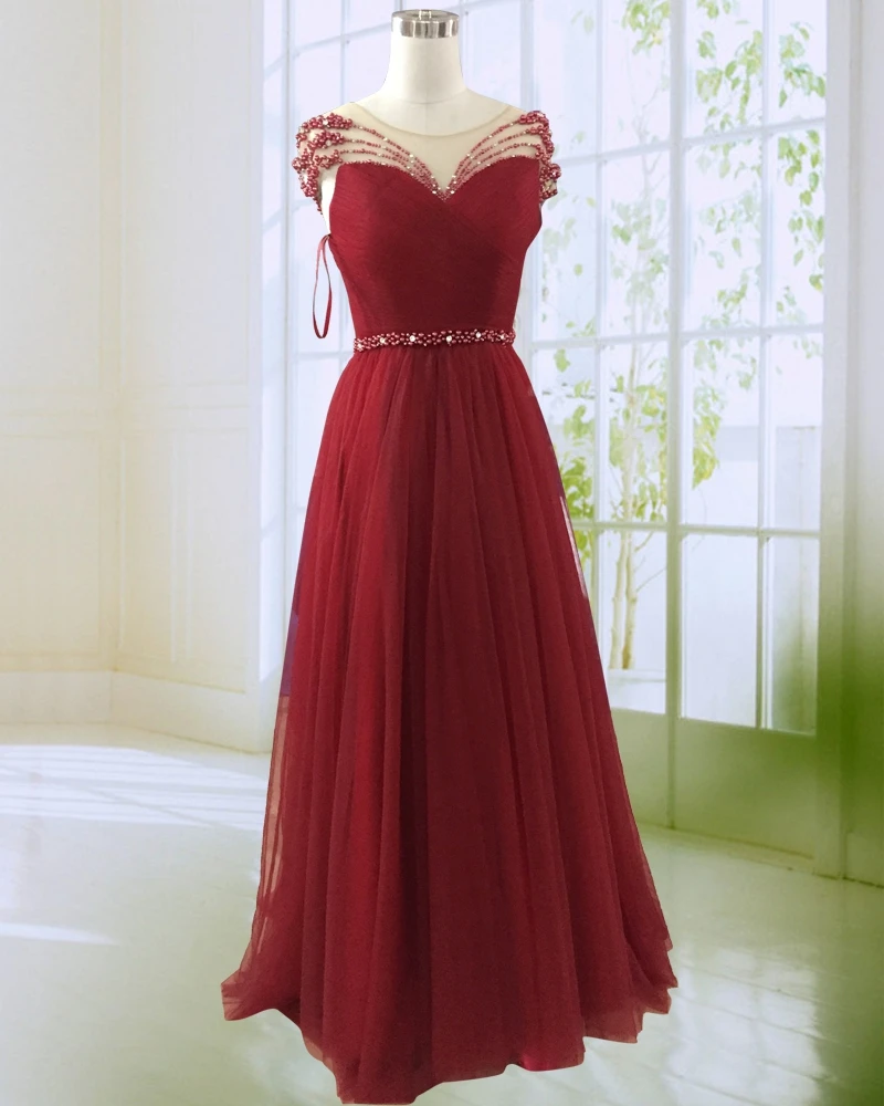 

Burgundy A Line Evening Dress 2018 New Design See Through O Neck Beaded Tulle Formal Gown Dresses