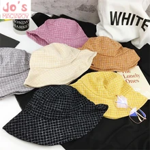 Харадзюку стиль Рыбацкая шляпа хлопок плоский Топ плед ведро шляпы Лето Kawaii высокого качества винтажные уличные женские шляпы