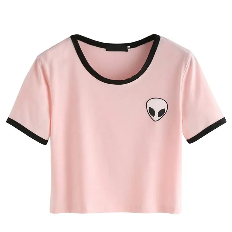 Женщины-хипстеры Harajuku милые полосатые хлопковые футболки с короткими рукавами укороченный Топ Футболка с вышивкой инопланетянина 8 цветов - Цвет: Розовый