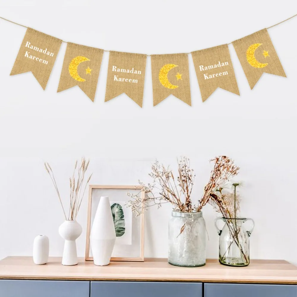 

2019 New Eid Mubarak Banner Muslims Ramadan Kareem Decorations Linen Hanging Flag With Ropes Islam Home Decor Party Supplies