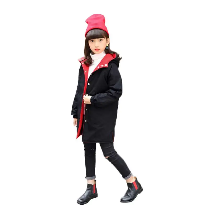 Autumn Children Girls Turn Down Collar Hooded Jacket Black Red Wear On Both Sides Coat Children Girls Cool Outerwear Outfits