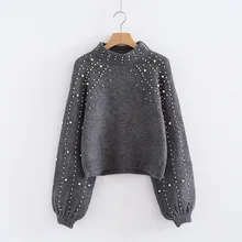 Круглый вырез свободный свитер с жемчугом женские пуловеры с рукавами в форме фонаря Новое поступление 2 цвета S, M, L