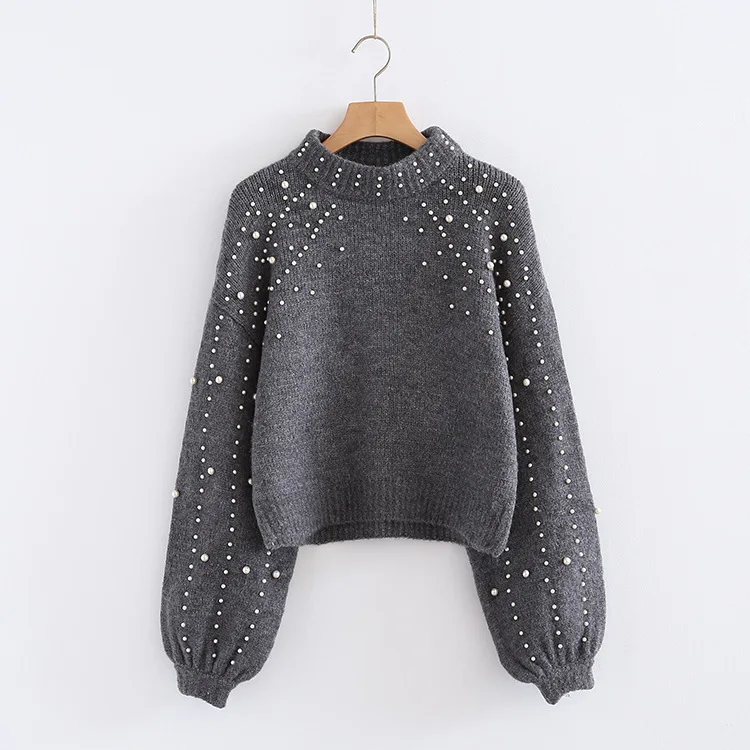 

O-neck loose Pearls sweater women lantern sleeve pullovers 2019 new arrival 2colors S,M,L