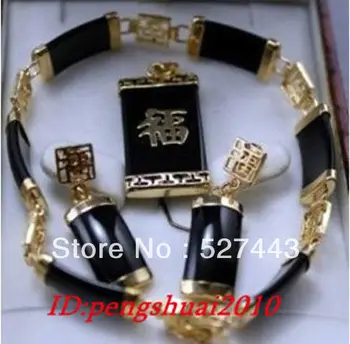

Wholesale free shipping >>New style 14KGP Chinese blessing black stone pendant bracelet 7.5" earring sets