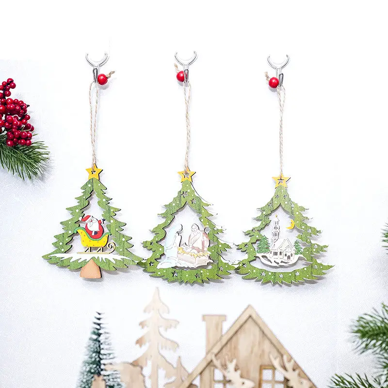 

1 PC 10*11 cm Christmas Wooden Ornament Pendant Xmas Tree Hollow House Santa Claus Home Window New Year Party Hanging Decoration