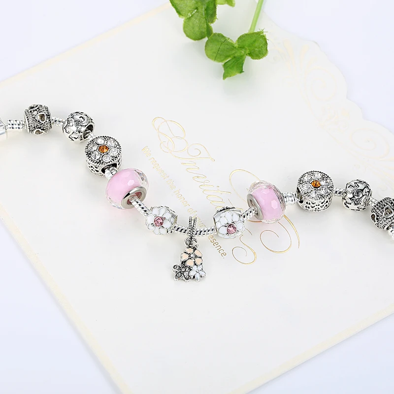 ELESHE Original 925 Enamel Silver Daisy Flower Crystal Charms Bracelet Bangle With Murano Glass Bead for Women Wedding Jewelry