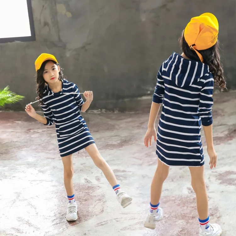 Girls Dress 3 10 to 12 years Striped Dress For Girls Casual Long Sleeve Infantil Children Clothing Hooded Vestidos costume kids