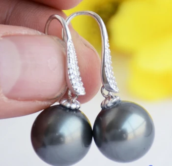 

free shipping 12241 TAHITIAN BLACK ROUND SOUTH SEA SHELL PEARL DANGLE EARRING