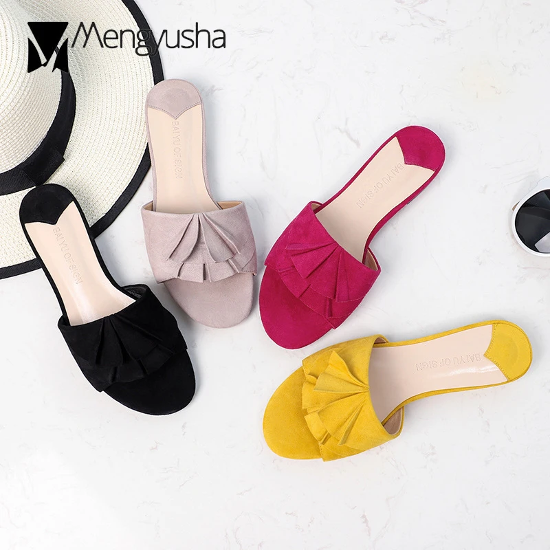 

brand designer ruffles slippers women low heel double layer pleated flip flops candy color suede leather slides mules women c936