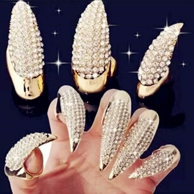 

2 Pcs Halloween Rhinestone Costume Fake Nails Ring Gothic Punk Eagle Claw Finger Sleeve Female Male Cosplay Masquerade Tool