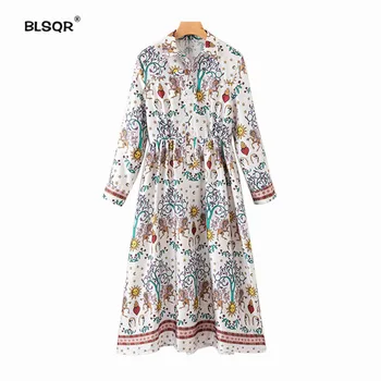 

2019 New Women sweet print mid-calf shirt dress Long sleeve turn down collar female casual dresses vestidos mujer