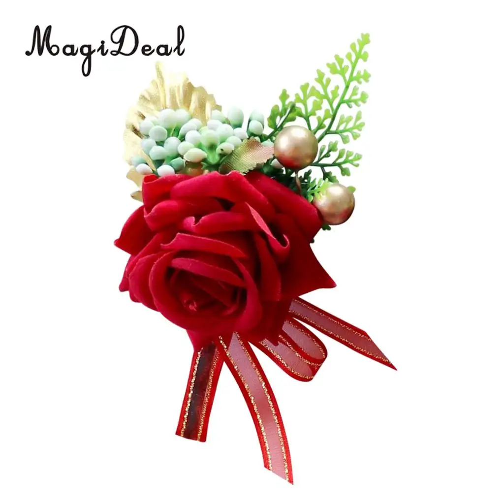 Romantic Artificial Rose Flower Pearls Wedding Corsage Boutonniere for Bridal Groom Fancy Dress