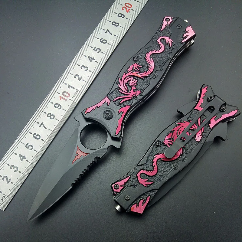 Карманный нож для охоты, кемпинга, выживания, из нержавеющей стали, мульти инструменты, для пеших прогулок, красные ножи с рисунком дракона, складной нож, набор для активного отдыха