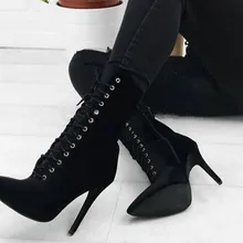 Модные женские замшевые ботильоны на шнуровке; пикантные Черные ботильоны на высоком каблуке; обувь с острым носком; Chaussure Femmes Botas