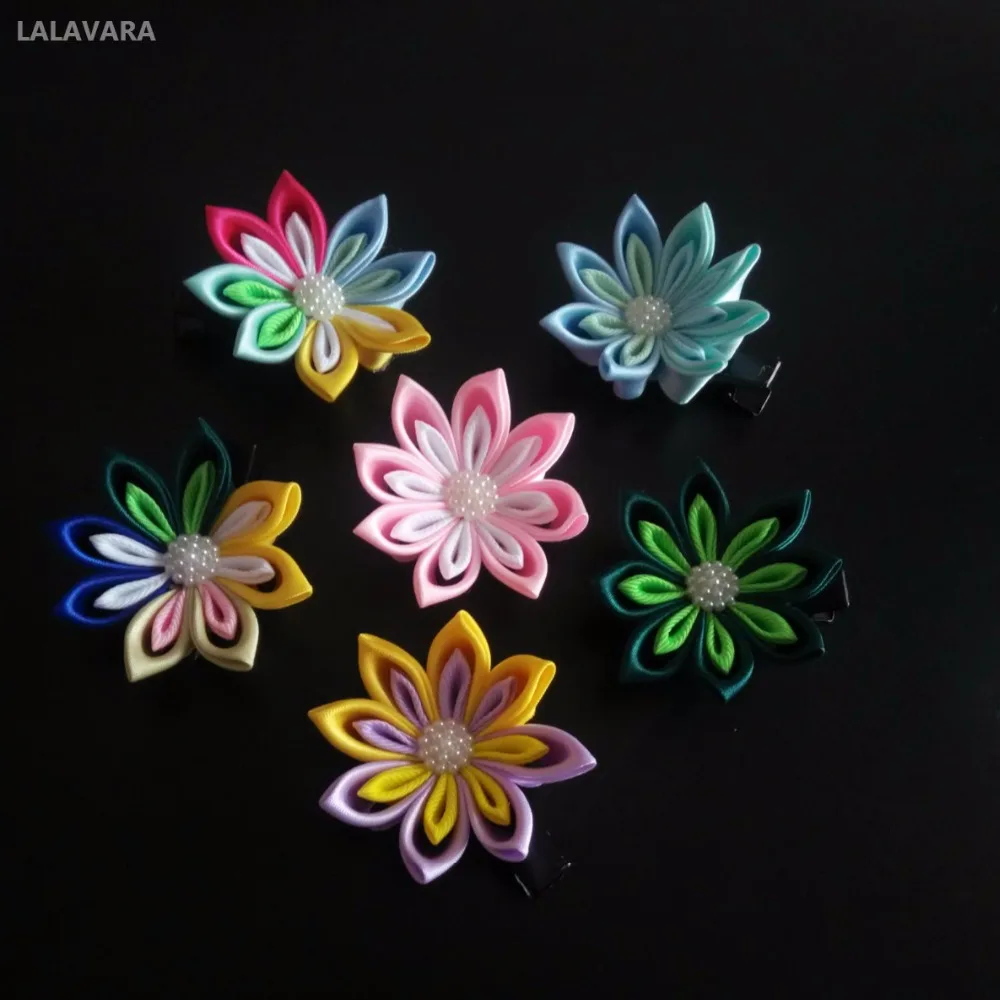 LALAVARA 10 шт. радужные заколки kanzashi цветы Детские аксессуары для волос для девочек декоративные заколки