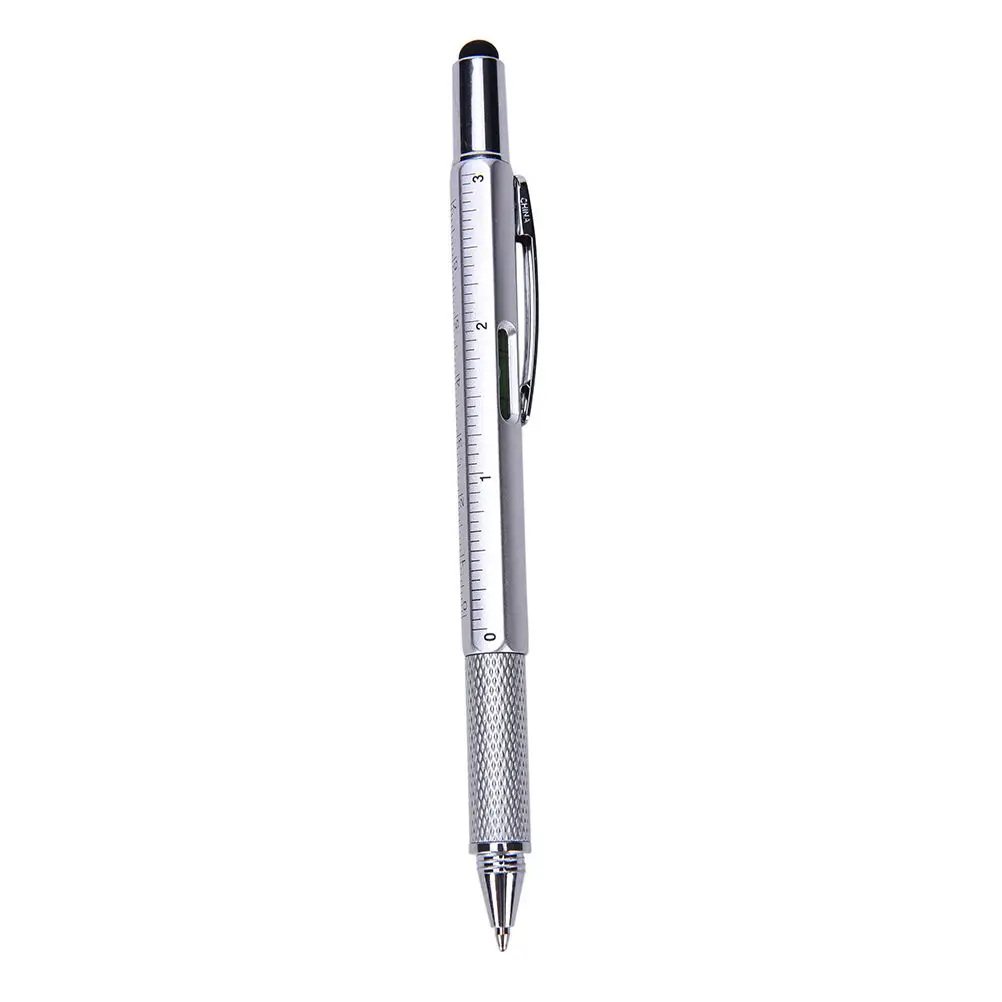 1 шт./лот 6 в 1 многофункциональная металлическая пластиковая ручка инструмент, шариковая ручка отвертка линейка спиртовой уровень с верхней частью и масштаба - Цвет: Silver