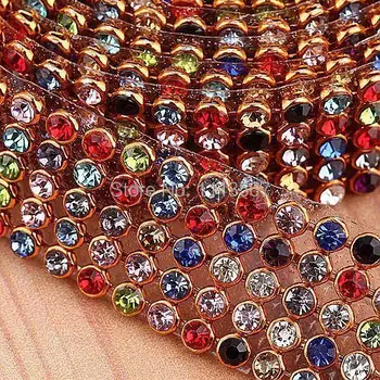 

12pcs Craft 5 Strip 3mm Mixed Iron_On Hotfix Crystal Rope Reel Chain Gold Edge Decorated Ribbon Trim For Wedding Dress Bags T394