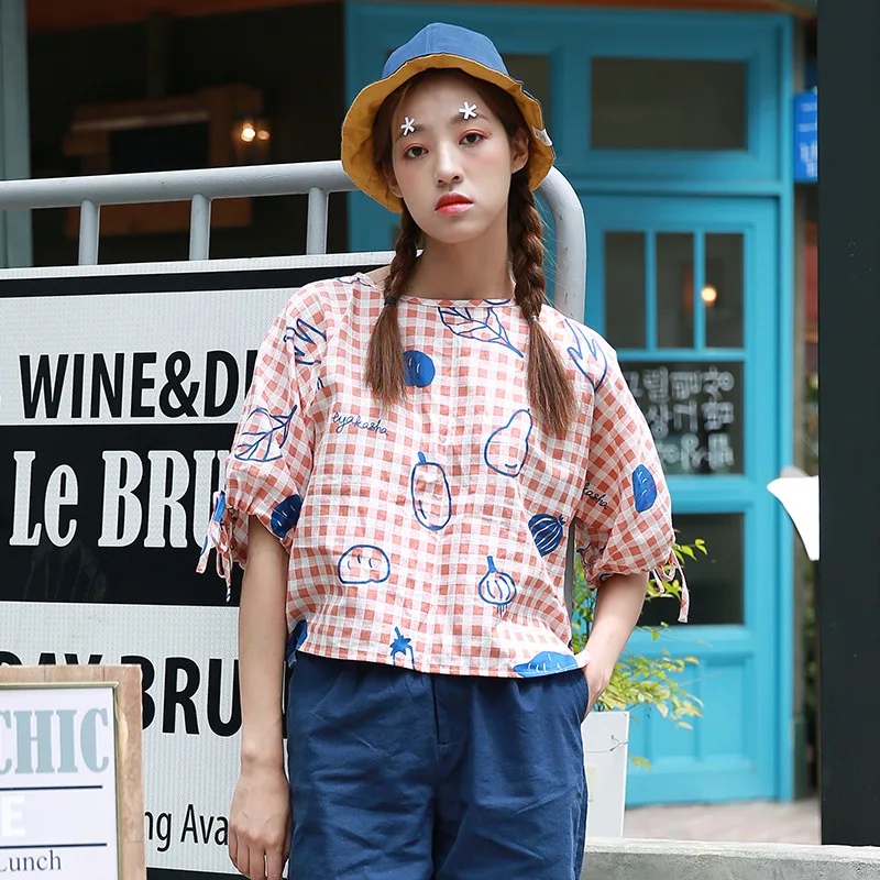 

Fashion Summer New 2017 Women Blouse O Neck Short Sleeve Bow Tie Up Cute Pink Plaid Vegetable Printing Ladies Shirts Tops Button