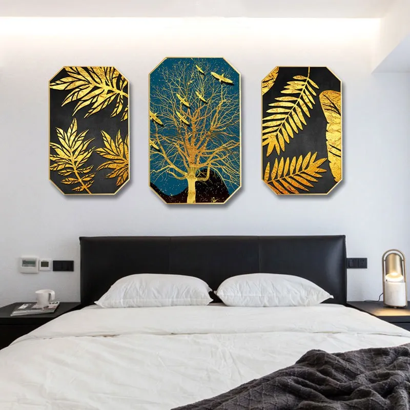 

Nordic style INS simple modern living room hanging painting background wall decorative painting restaurant mural Golden leaves