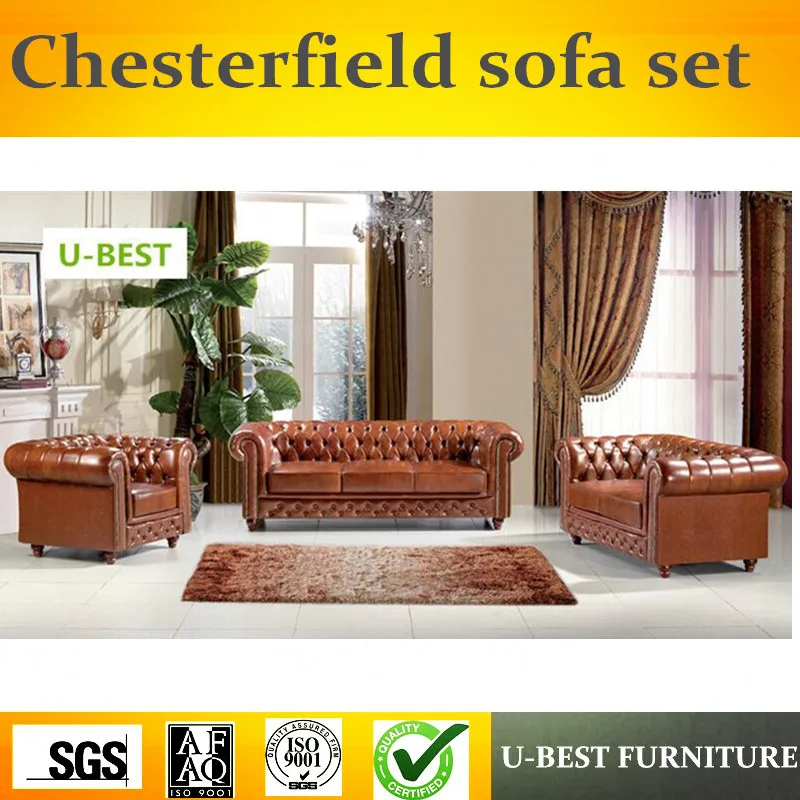 U-BEST European style chesterfield sofa set ,design sofa living room furniture brown real leather sofa,