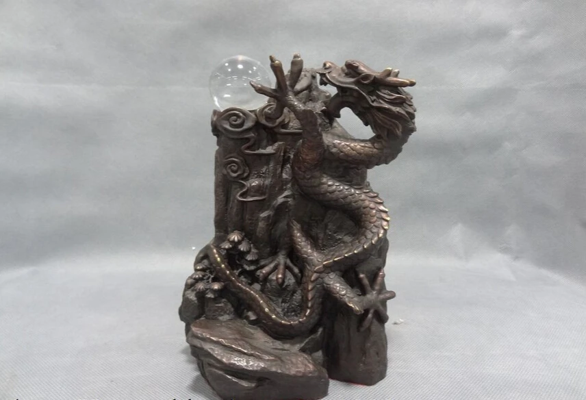 

S4948 8" Chinese Pure Bronze Decorate Put Hill FengShui Myth Fly Dragon Ball Statue D0318