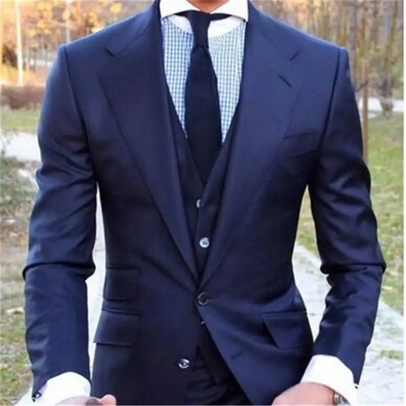 Темно-синие мужские свадебные костюмы смокинги Masculino 3 шт. (куртка + брюки + жилет + галстук) на заказ Летний Тонкий костюм