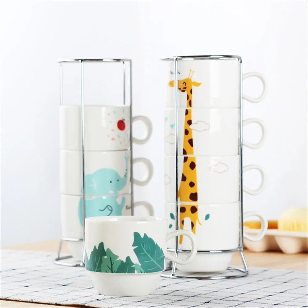 4 pcs just 150ml Stackable Cute Animal Cartoon Reusable Ceramic Office Coffee Mug Set with Chrome Stand for Tea Water and Milk | Дом и сад