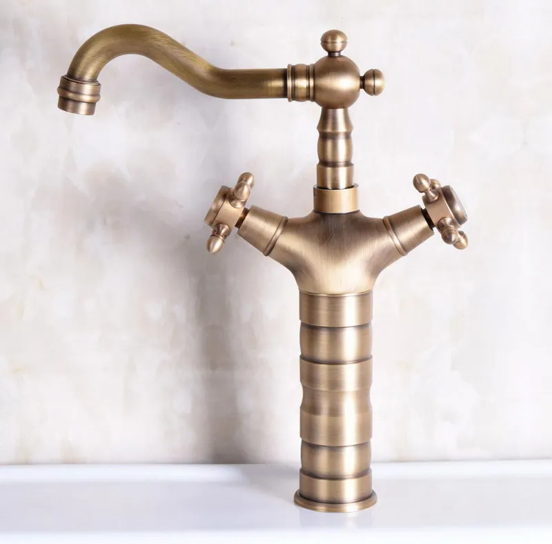 Single Hole Antique Brass Double Cross Handles Swivel Spout Kitchen Sink Bathroom Vessel Basin Faucet Mixer Tap anf246