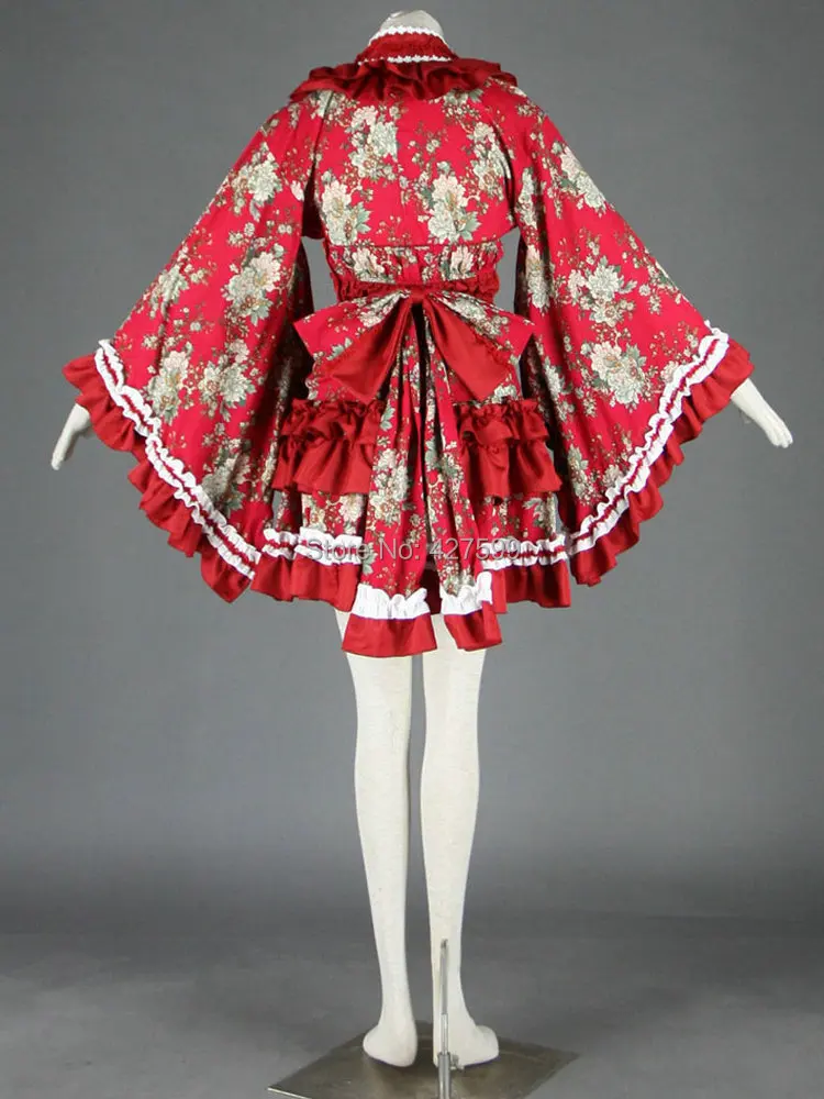 Красный красивая одежда с длинным рукавом хлопок сладкий Лолита платье женское платье костюмы на Хэллоуин костюм горничной