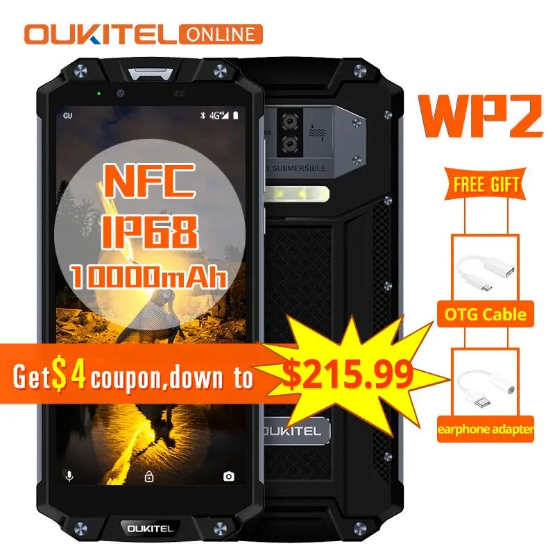 Oukitel WP2 NFC IP68 Водонепроницаемый 6 0 &quot18:9 Дисплей 10000 мАч Android 8 4 Гб 64 MT6750T Octa Core 16MP 4G