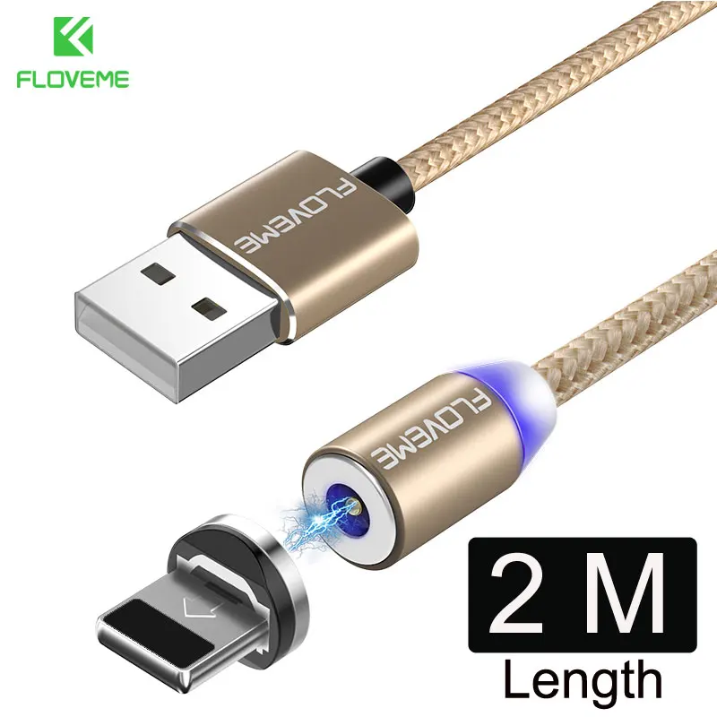 FLOVEME 1 м светодио дный Магнитная USB кабель Micro USB/Тип C/для Apple iPhone X XS Max магнитное зарядное устройство, кабель для samsung Xiaomi LG Кабо зарядное устройство usb кабель магнитная зарядка кабель - Цвет: 2 M Gold