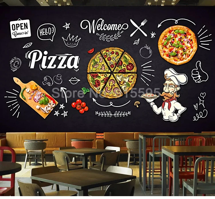 Пользовательские 3D фото обои черный ручная роспись пиццы магазин ресторан столовая Декор водонепроницаемый самоклеющиеся настенные Стикеры
