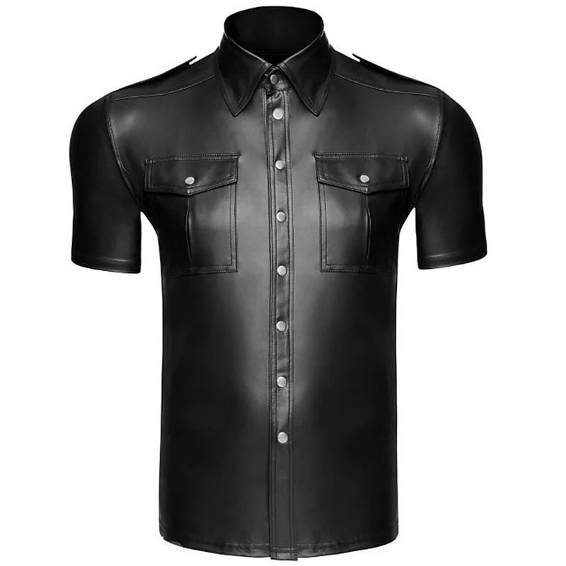 

Soft Faux Leather Men's Sexy Blouse Shirts Fashion Uniform Shirt Night Clubwear Punk Uniform Corset Gay Male Clothing Fetish
