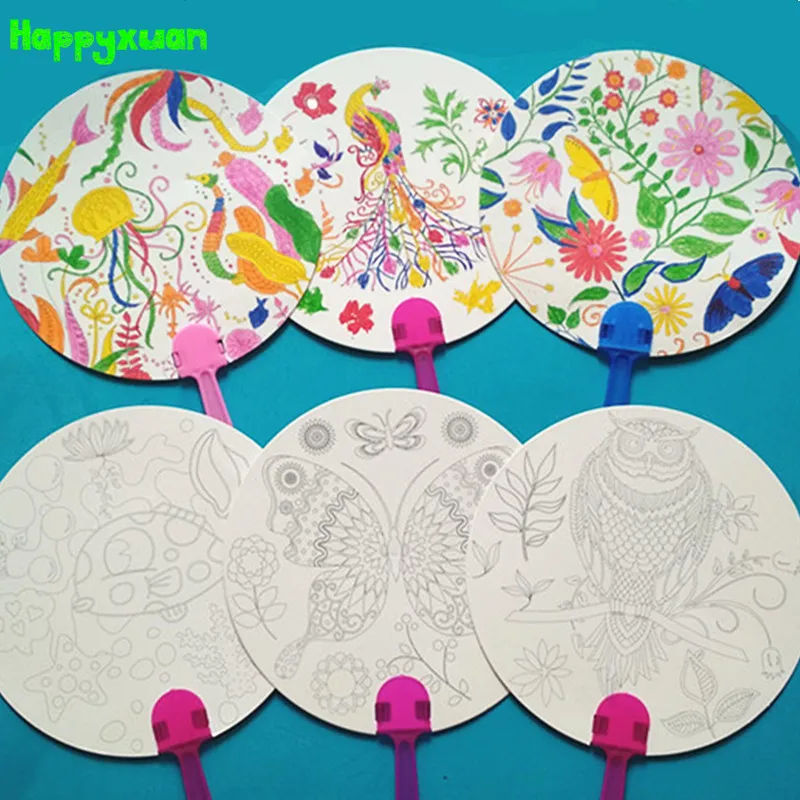 Happyxuan 12 шт. DIY окраски с рисунками из мультфильмов ручной бумажный веер искусство материалы для рукоделия для детского сада, дошкольные рисунок игрушки детские подарки