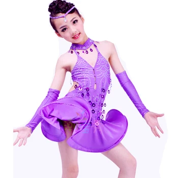

Latin Dance Dress Children Blue/Purple Nail Bead&Rhinestone Girls Dance Costume Dress&Collar&Gloves&Hand Chain Latin Dance Wear