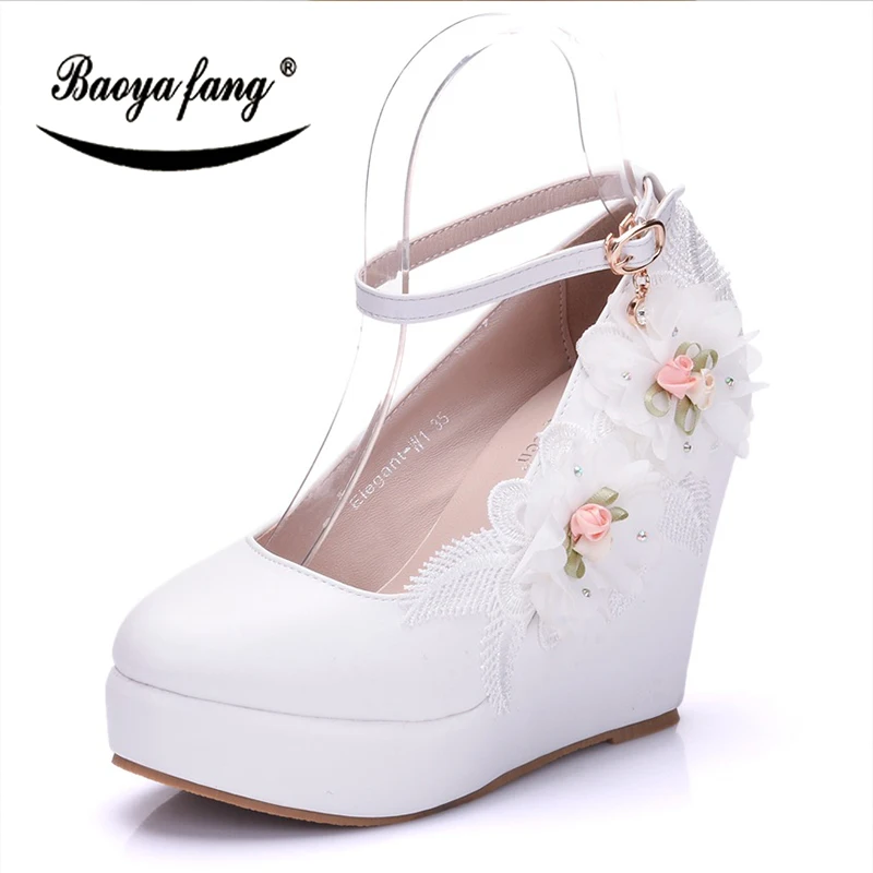 Baoyafang Big Flower Womens Wedding Shoes Wedges High Heels