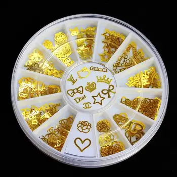 

12 Models Gold Metal Tips Glitter Crown Flowers Charms Wheel Manicure 3D Nail Art Decorations ZP007